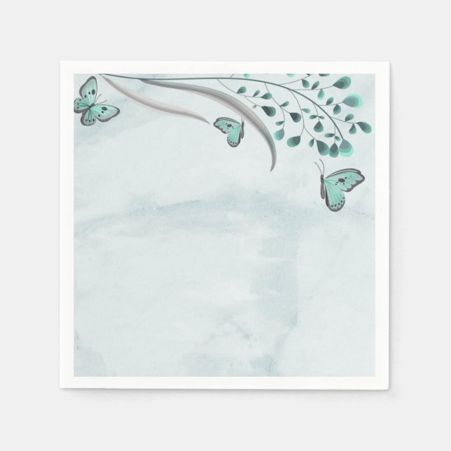 blue butterflies teal leaves botanical wedding napkin (Front)