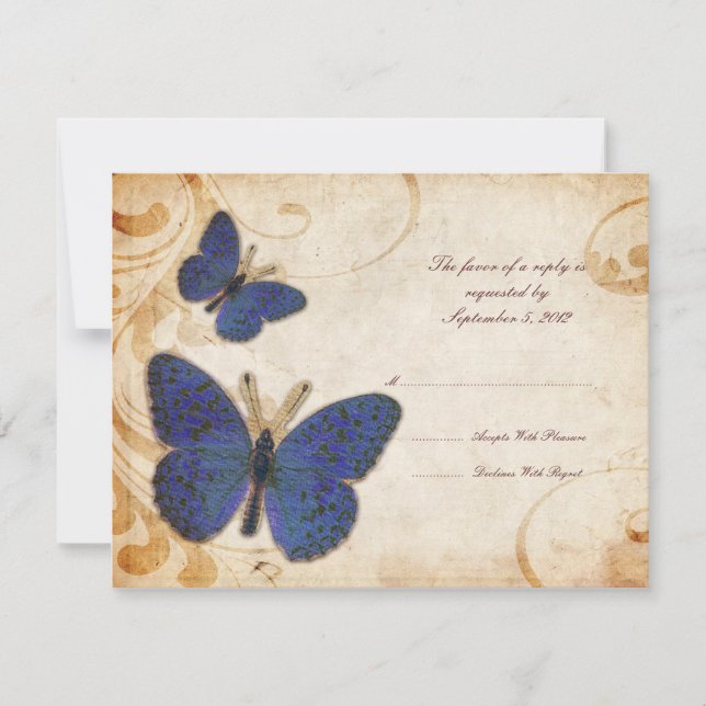 Blue Butterflies Vintage Wedding RSVP Card (Front)