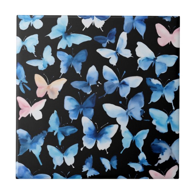 "Blue Butterflies Watercolor Ceramic Tile: Artisti Tile (Front)