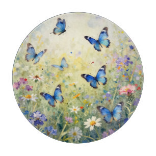 Blue Butterflies Watercolor Wildflower Meadow Cutting Board