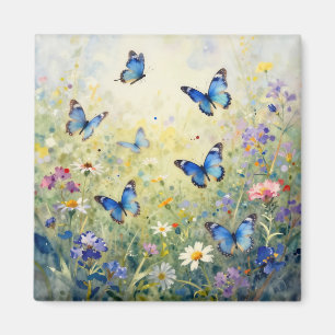 Blue Butterflies Watercolor Wildflower Meadow Magnet