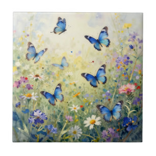 Blue Butterflies Watercolor Wildflower Meadow Tile