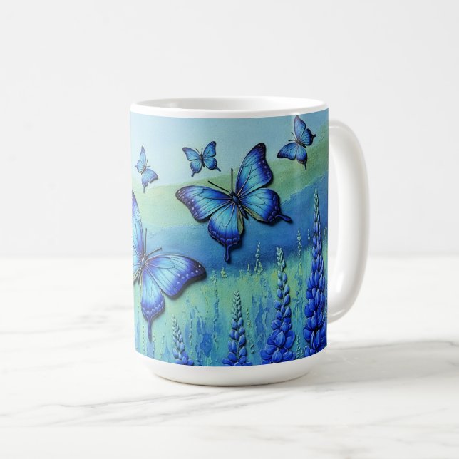Blue Butterflies with Blue Flowers, Coffee Mug (Front Right)