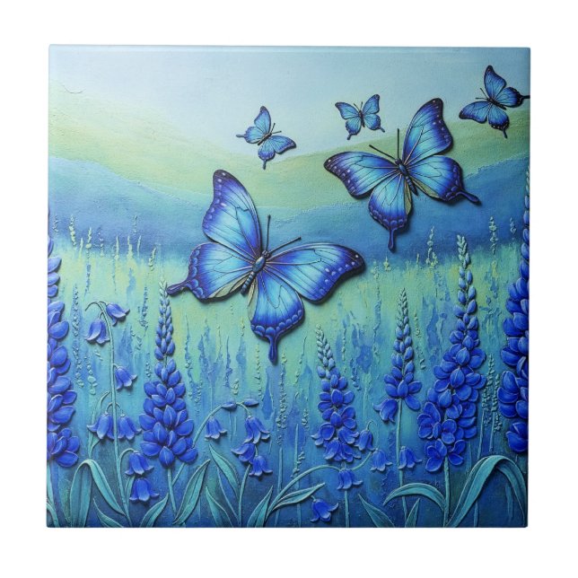 Blue Butterflies with Blue Flowers, Tile (Front)