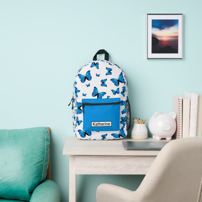 Blue butterflies with name printed backpack (Insitu)