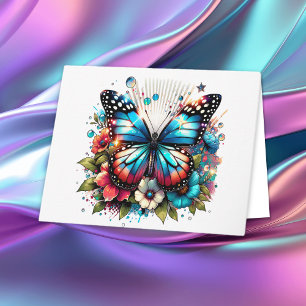 Blue Butterfly and Flowers    Thank You  Card