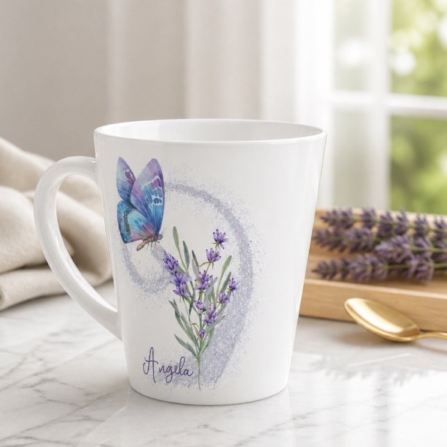 Blue Butterfly and Lavender Personalised Latte Mug (Creator Uploaded)