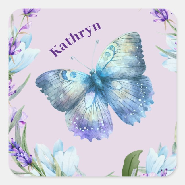 Blue Butterfly and Lavender Personalised Square Sticker (Front)