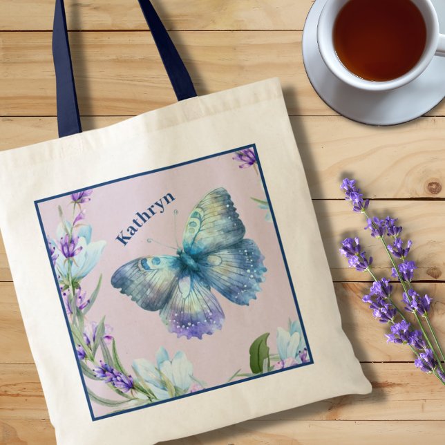 Blue Butterfly and Lavender Personalised Tote Bag (Creator Uploaded)