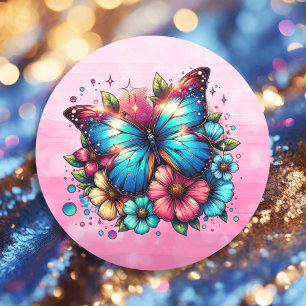 Blue Butterfly and Pink Flowers Classic Round Sticker