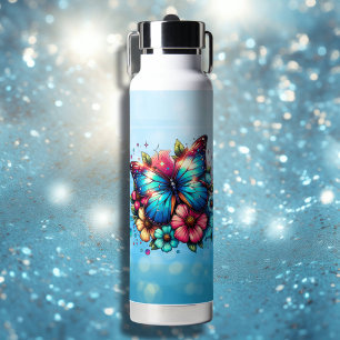 Blue Butterfly and Pink Flowers Personalised Water Bottle