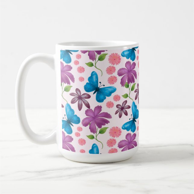 Blue Butterfly and Purple Floral Pattern Coffee Mug (Left)