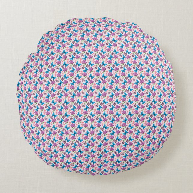 Blue Butterfly and Purple Floral Pattern Round Cushion (Front)
