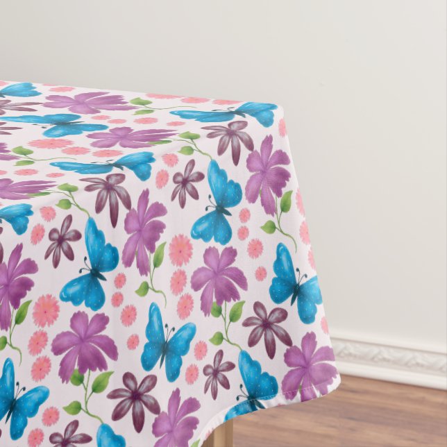 Blue Butterfly and Purple Floral Pattern Tablecloth (In Situ)