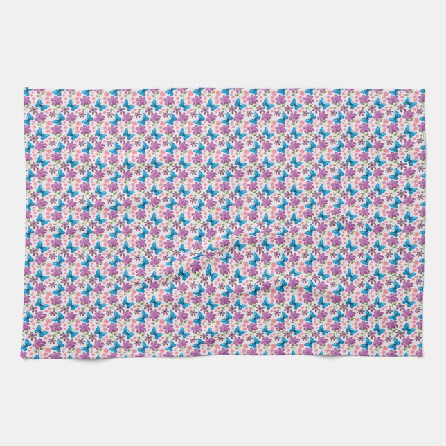 Blue Butterfly and Purple Floral Pattern Tea Towel (Horizontal)