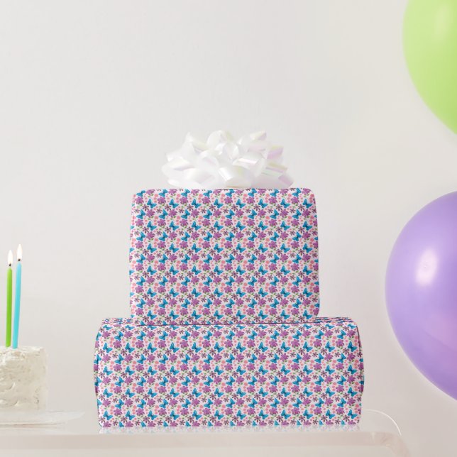 Blue Butterfly and Purple Floral Pattern Wrapping Paper (Party Gifts)