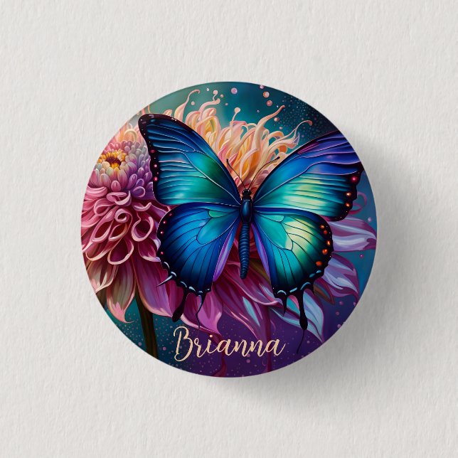  Blue butterfly and the Dahlia 3 Cm Round Badge (Front)
