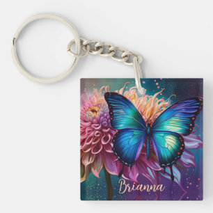 Blue butterfly and the Dahlia Key Ring