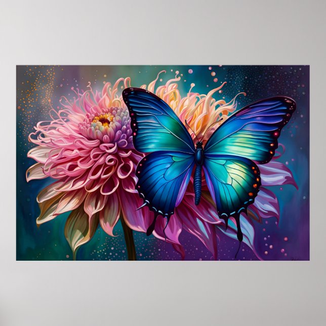  Blue butterfly and the Dahlia Poster (Front)