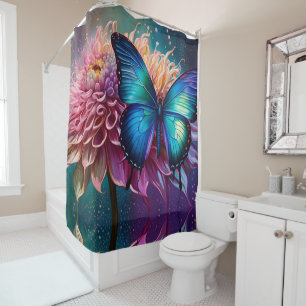 Blue butterfly and the Dahlia Shower Curtain