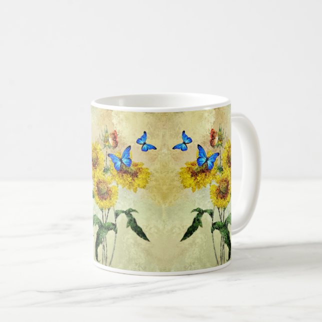 Blue Butterfly and Yellow Sunflower Nature Floral Coffee Mug (Front Right)