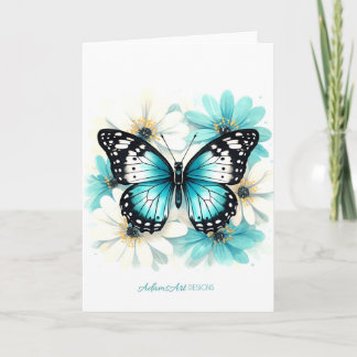 Blue Butterfly & Aqua Floral Watercolor Card