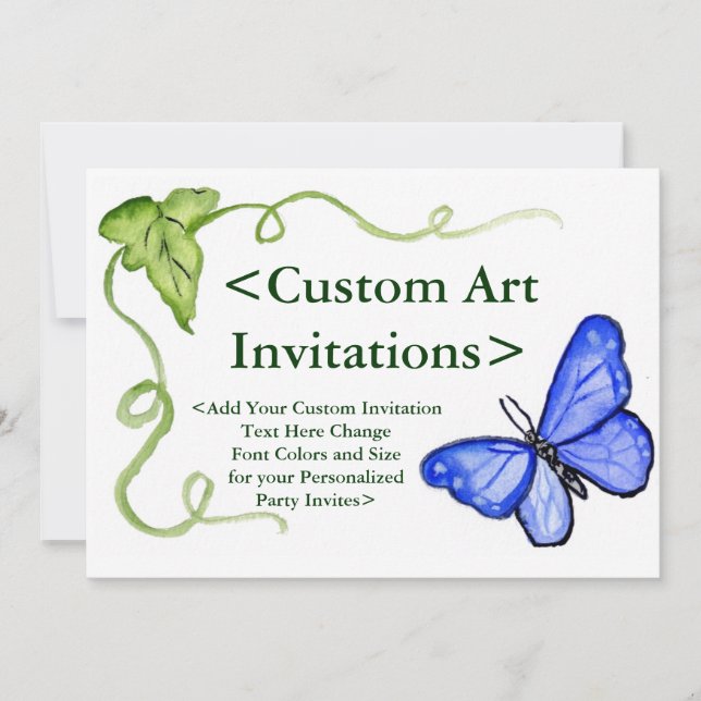 Blue Butterfly Art Custom Party Invitations (Front)
