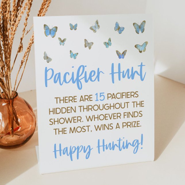 Blue Butterfly Baby Shower Pacifier Hunt Game Pedestal Sign (Creator Uploaded)