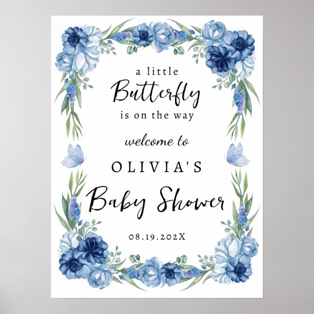 Blue Butterfly Baby Shower Welcome Sign (Front)