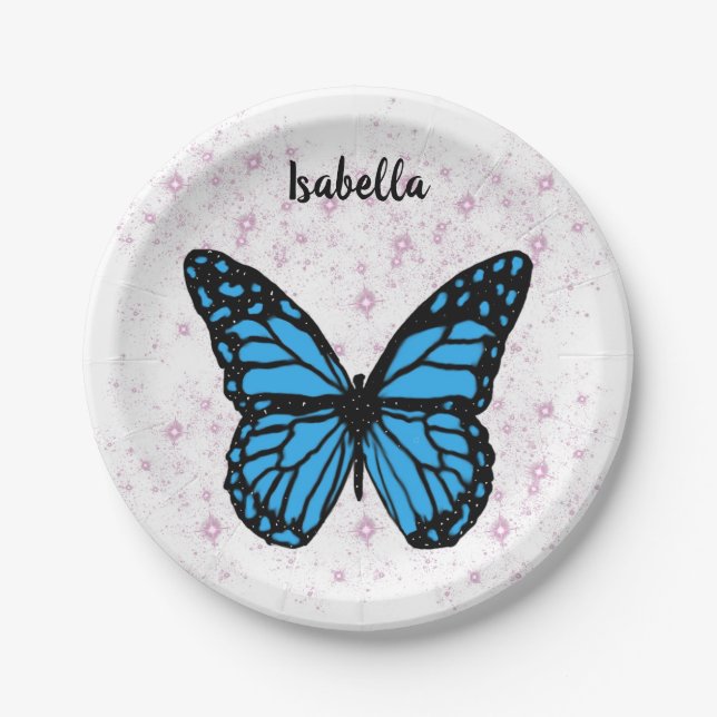 blue butterfly background paper plate (Front)