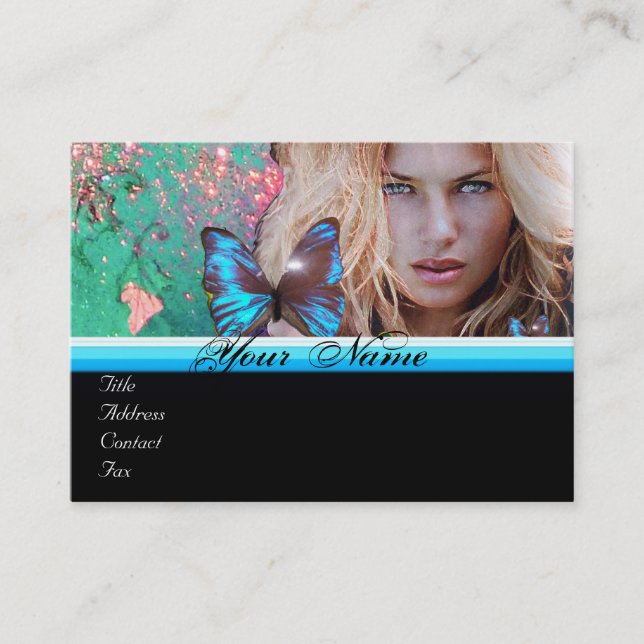 BLUE BUTTERFLY BEAUTY MAKEUP ARTIST monogram green Business Card (Front)