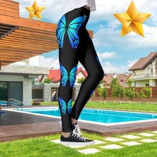 Blue Butterfly Black Modern Trendy Hot Leggings