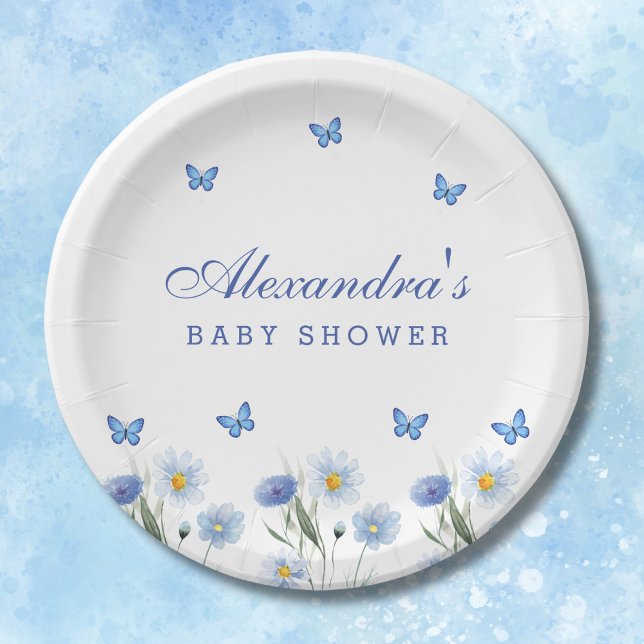 Blue Butterfly Boho Wildflower Baby Shower Paper Plate (Creator Uploaded)