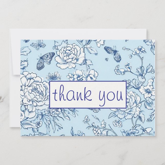 Blue Butterfly Chinoiserie Wedding Thank You Card (Front)