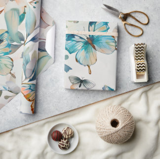 Blue Butterfly Cottagecore Pattern Wrapping Paper