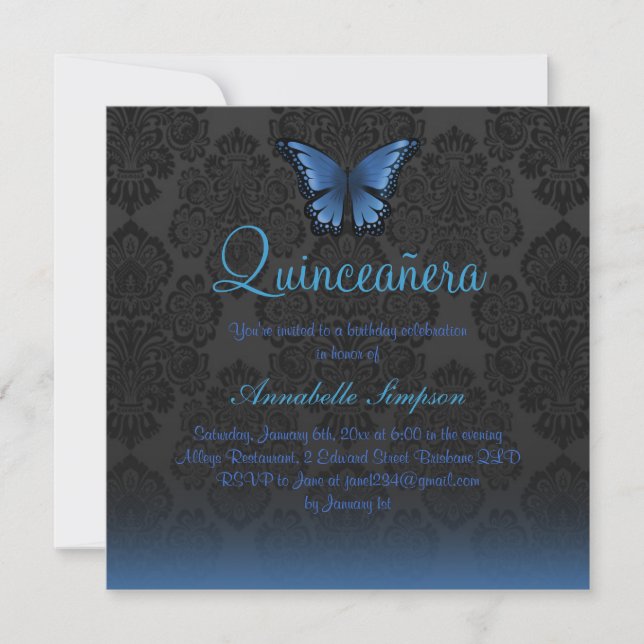 Blue Butterfly & Damask Quinceanera Invite (Front)