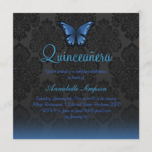 Blue Butterfly & Damask Quinceanera Invite