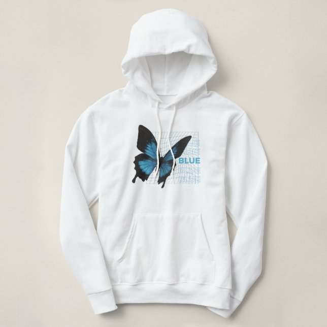 Blue Butterfly Elegance: Hoodie for Ladies & Girls (Design Front)