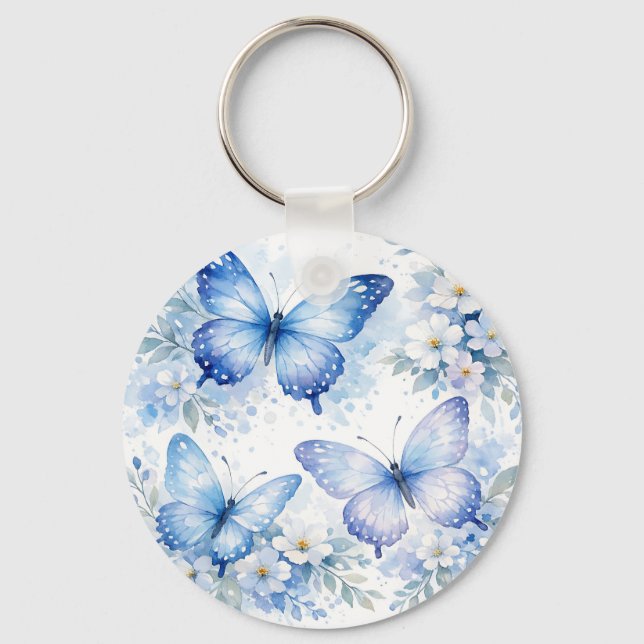 Blue Butterfly Floral Arrangement Key Ring (Front)