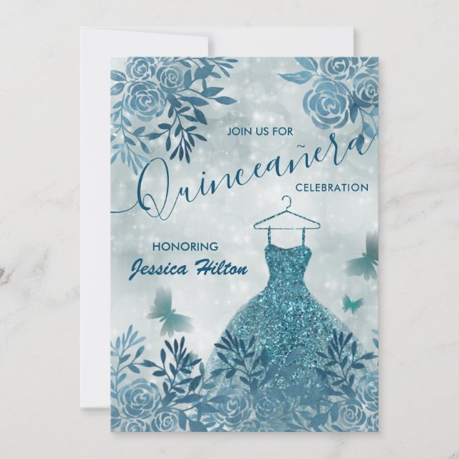 Blue Butterfly floral garden dress Quinceañera Invitation (Front)
