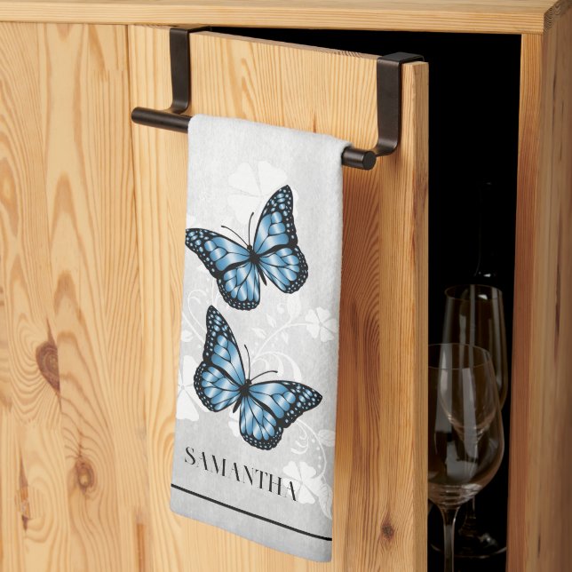 Blue Butterfly Floral Kitchen Towel (Thirds Fold)