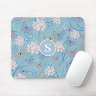 Blue Butterfly Floral Monogram Mousepad