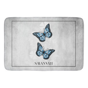 Blue Butterfly Floral Personalised Bath Mat