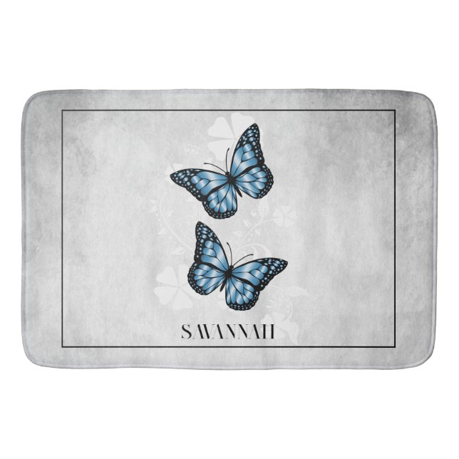 Blue Butterfly Floral Personalised Bath Mat (Front)