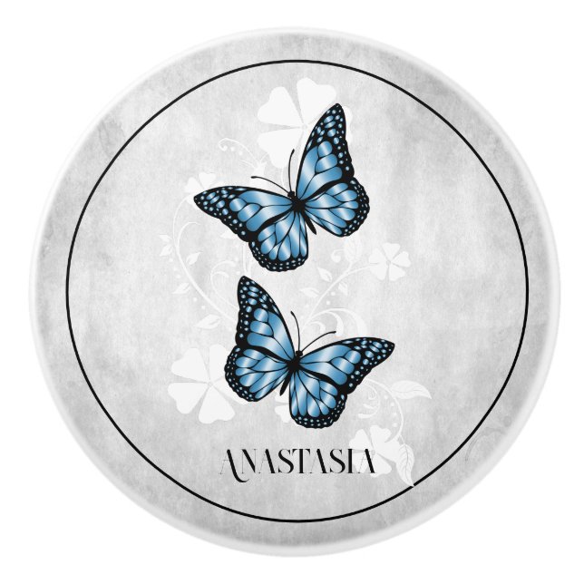 Blue Butterfly Floral Personalised Ceramic Knob (Front)