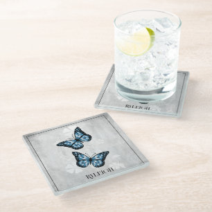 Blue Butterfly Floral Personalized Glass Coaster