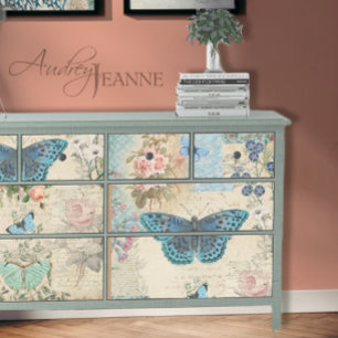 Blue Butterfly Floral Script Ephemera Decoupage Tissue Paper