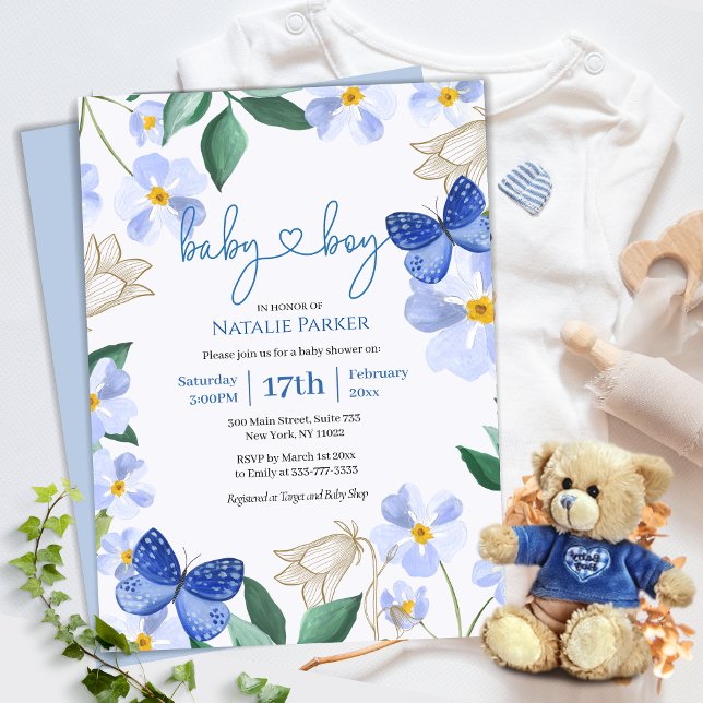 Blue Butterfly Floral Watercolor | Boy Baby Shower Invitation (Creator Uploaded)