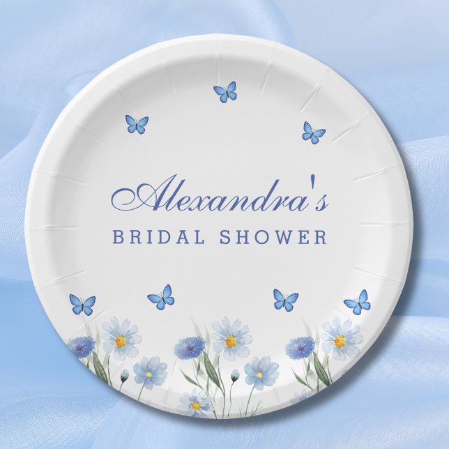Blue Butterfly Floral Wildflower Bridal Shower Paper Plate (Creator Uploaded)