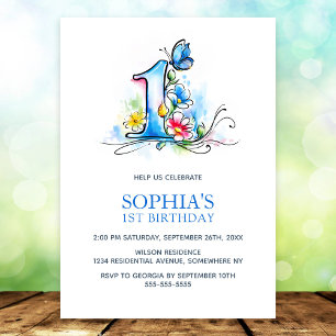 Blue Butterfly Flowers 1st Birthday Party Invitation